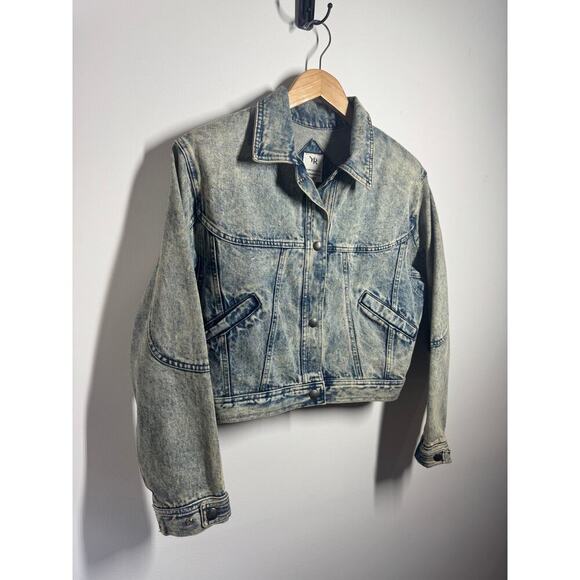 Vintage YR Jacket Women M Denim Fade Crop Bomber Snap Adjustable bottom Hem - Picture 3 of 5